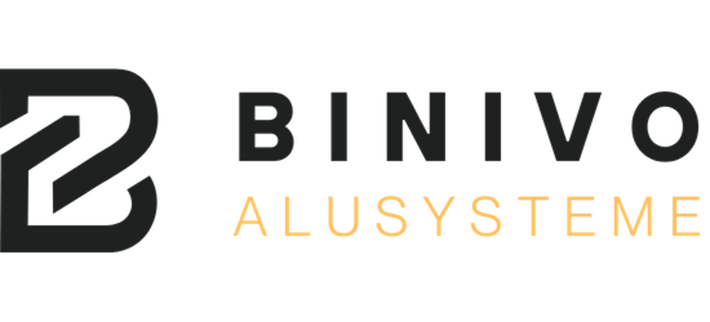 Logo mit stilisiertem "B" und dem Text "BINIVO ALUSYSTEME" in Schwarz und Gold auf grünem Hintergrund.