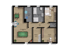 Grundriss mit Wohnzimmer, Schlafzimmer, Bad, Technikraum, Treppenhaus, Flur und Abstellkammer, möbliert.