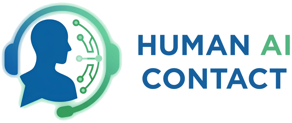 Logo mit Kopfhörer-Symbol, Schaltkreis-Muster und Text "HUMAN AI CONTACT".