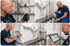 Ein NOÉ Installateur führt eine Dichtheitsprüfung an Abwasserrohren mit Manometer, Messgerät und Tablet durch.