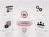 Vernetzte Glas-Icons für Website, Social Media, Zielgruppen, Kundenbewertungen und Sicherheit um ein zentrales Menü-Symbol.