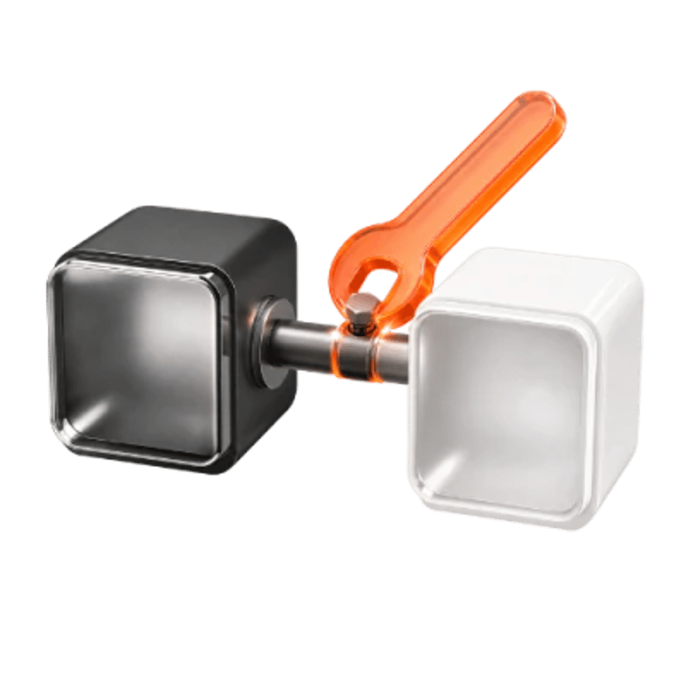 Ein schwarzer und ein weißer Würfel, die durch einen Metallstab und einen orangefarbenen Schraubenschlüssel verbunden sind.