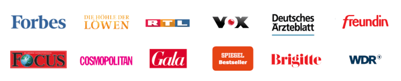 Logos von Forbes, Die Höhle der Löwen, RTL, VOX, Deutsches Ärzteblatt, freundin, FOCUS, Cosmopolitan, Gala, Brigitte und WDR