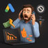 Ein 3D-Cartoon-Mann telefoniert mit zwei Telefonen und hat einen panischen Ausdruck, umgeben von AdSense-Symbolen und Problemen.