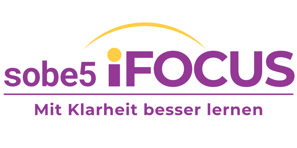 Logo "sobe5 iFOCUS" in Lila mit orange-grünem Bogen; darunter "Mehr Fokus. Weniger Stress."