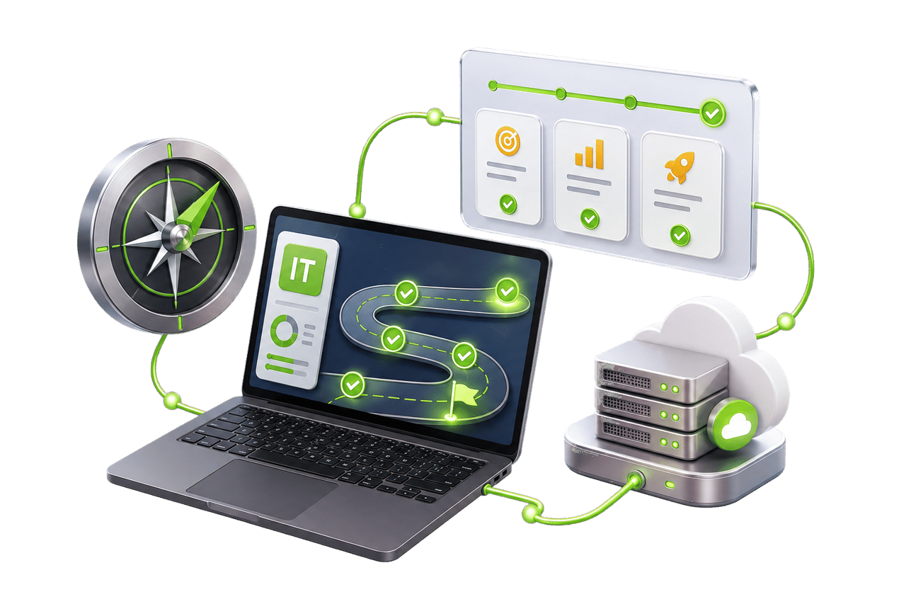 Laptop mit IT-Roadmap, Kompass, Server-Einheit und Prozessdiagramm in Grün auf Schwarz als Sinnbild für eine geplante IT in Bad Homburger Büros