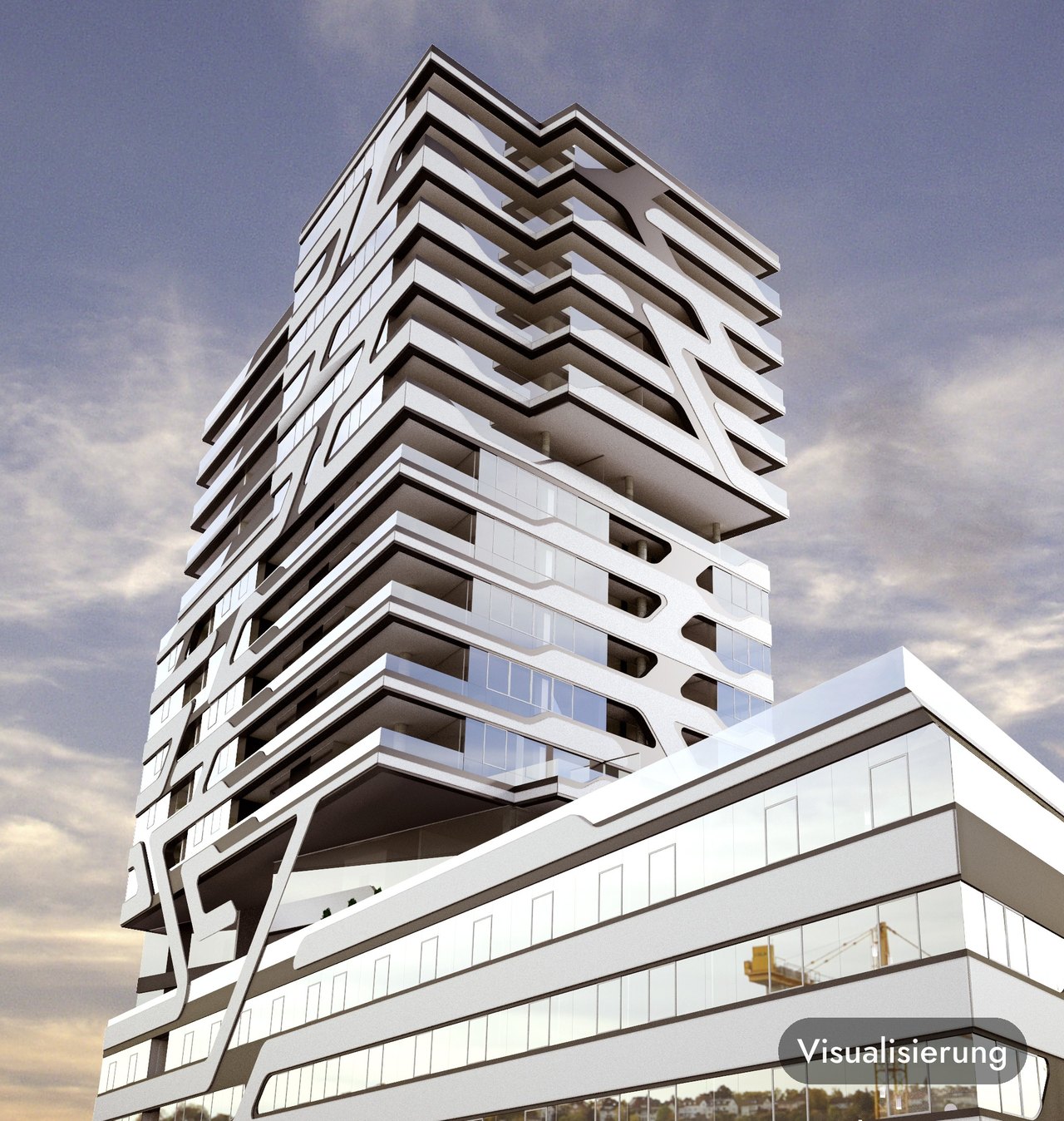 Visualisierung: Hochhaus CLOUD N°7 mit Sockelbau, Ansicht von Südosten