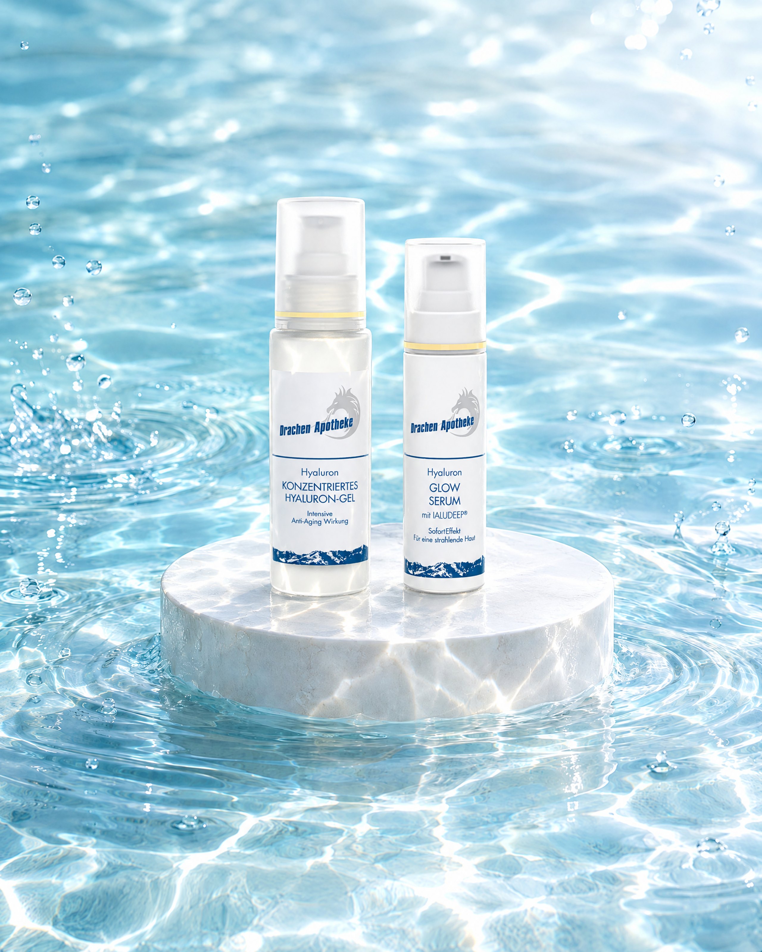Hyaluron Gel und Glow Serum auf Sockel im Wasser (KI-generiert)