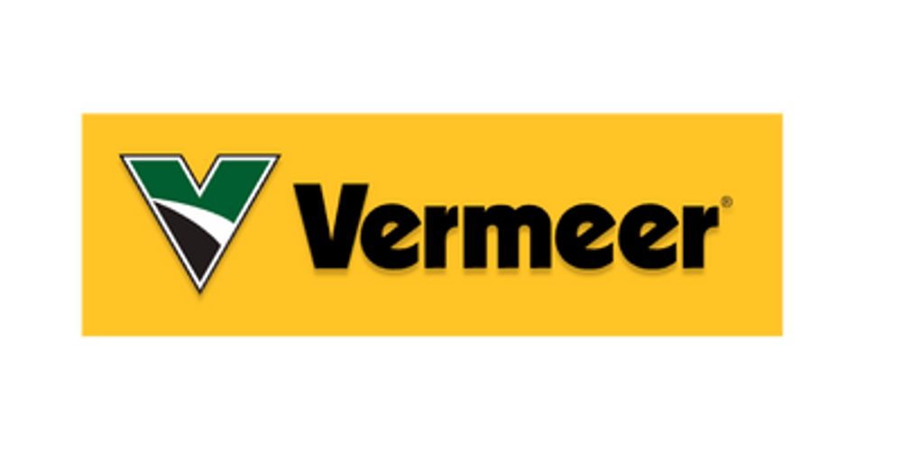 Vermeer-Logo mit einem stilisierten grünen und schwarzen "V" und dem Schriftzug "Vermeer" auf gelbem Hintergrund.