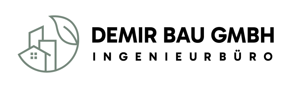 Logo von Demir Bau GmbH Energieberatung mit einem grünen Blatt, das Häuser und Gebäude umschließt.