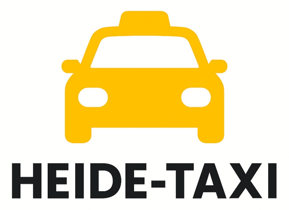 Gelbes Taxi-Symbol über schwarzem Text "HEIDE-TAXI" auf weißem Hintergrund.