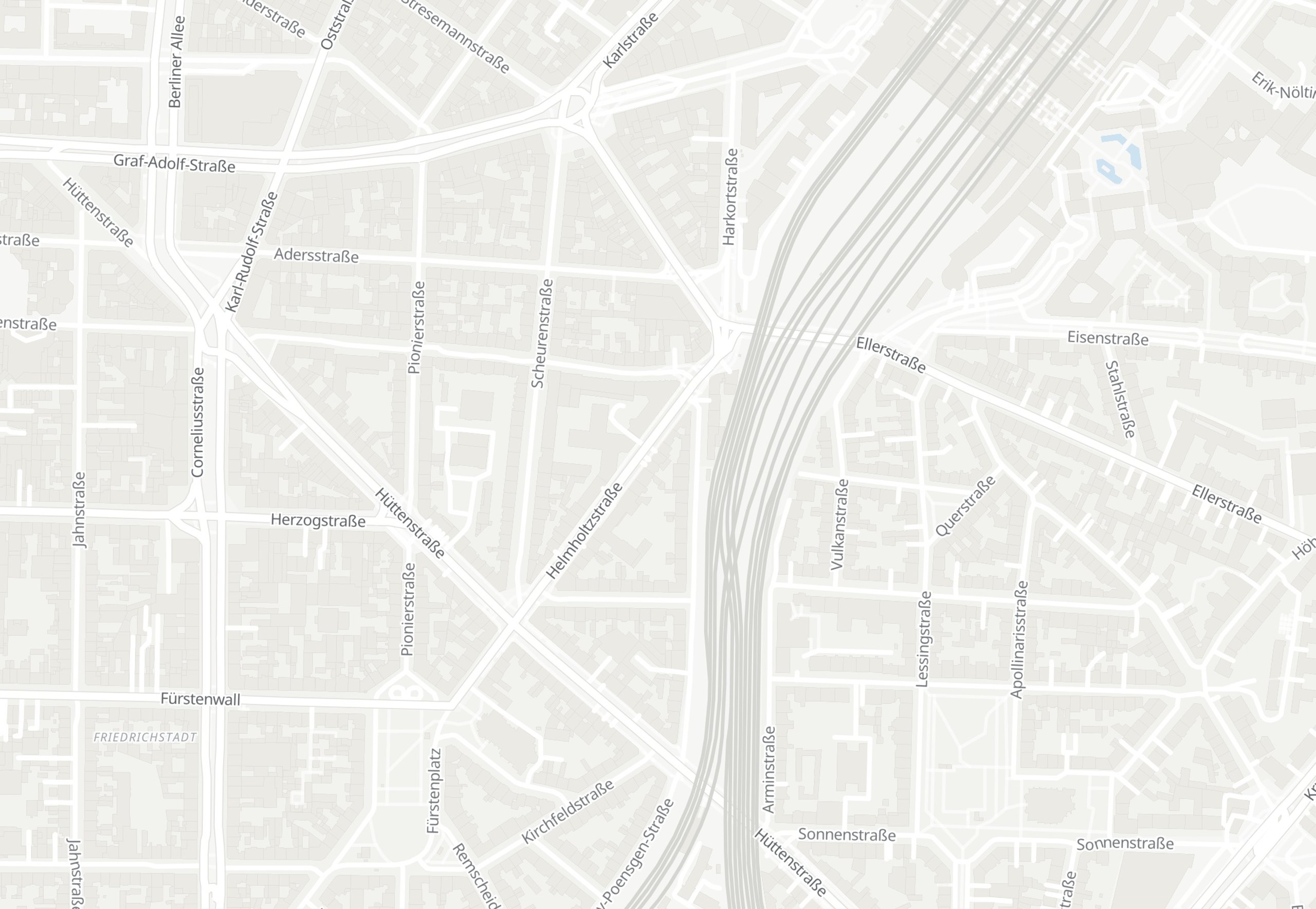 Stadtkarte Düsseldorf-Friedrichstadt mit dem Standort der LI Rohrleitungsbau GmbH in der Helmholtzstraße 8