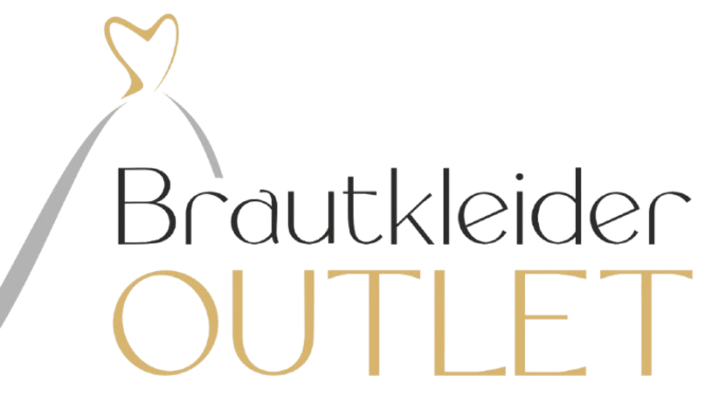 Brautkleider OUTLET Logo mit stilisierter Silhouette eines Hochzeitskleides und Herz-Ausschnitt auf schwarzem Hintergrund.