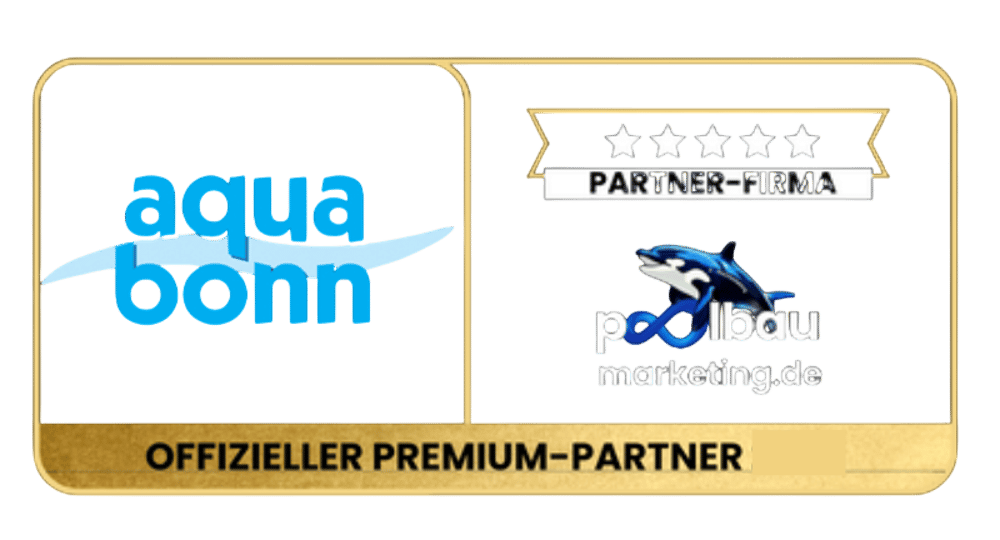 Logo "aqua bonn" und "poolbau marketing.de" mit einem Orca und der Aufschrift "OFFIZIELLER PREMIUM-PARTNER".