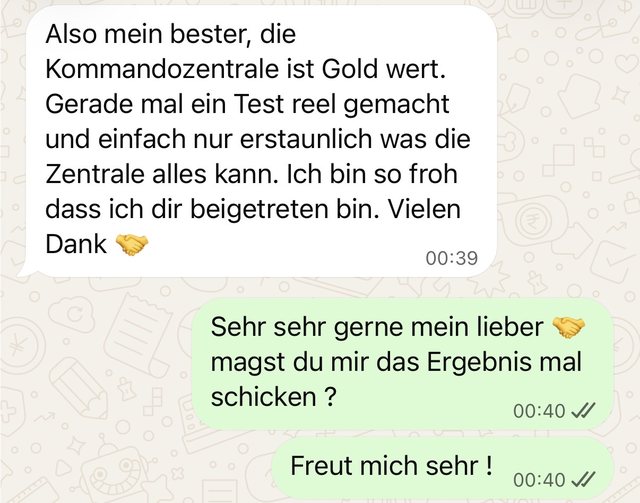 Chat eines Mitglieds: Die Kommandozentrale ist Gold wert, gerade ein Test-Reel gemacht
