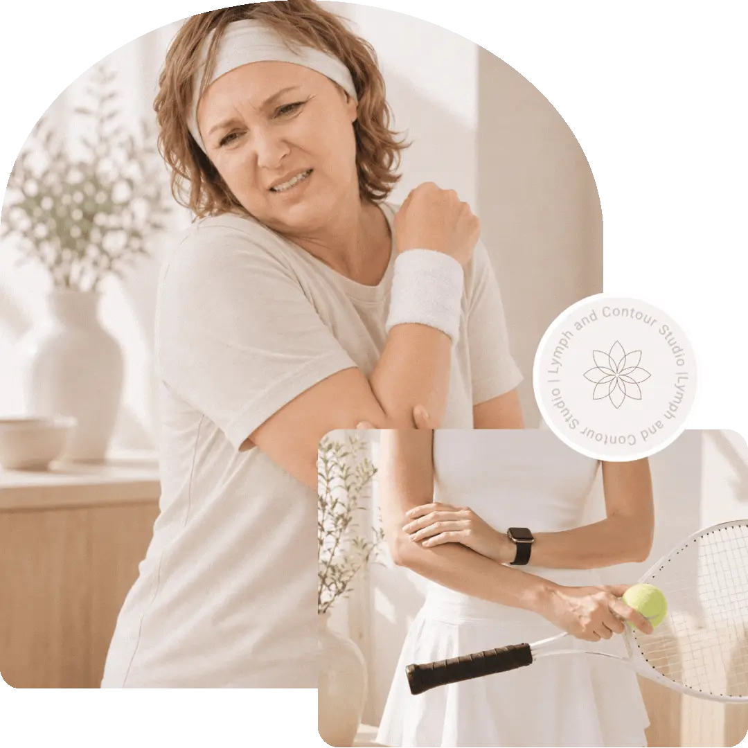 Woman holding her arm in discomfort from tennis elbow pain next to an image of a female tennis player