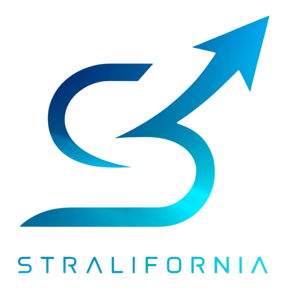 Blaues Stralifornia-Logo mit einem stilisierten Buchstaben S, der in einem nach oben gerichteten Pfeil endet.