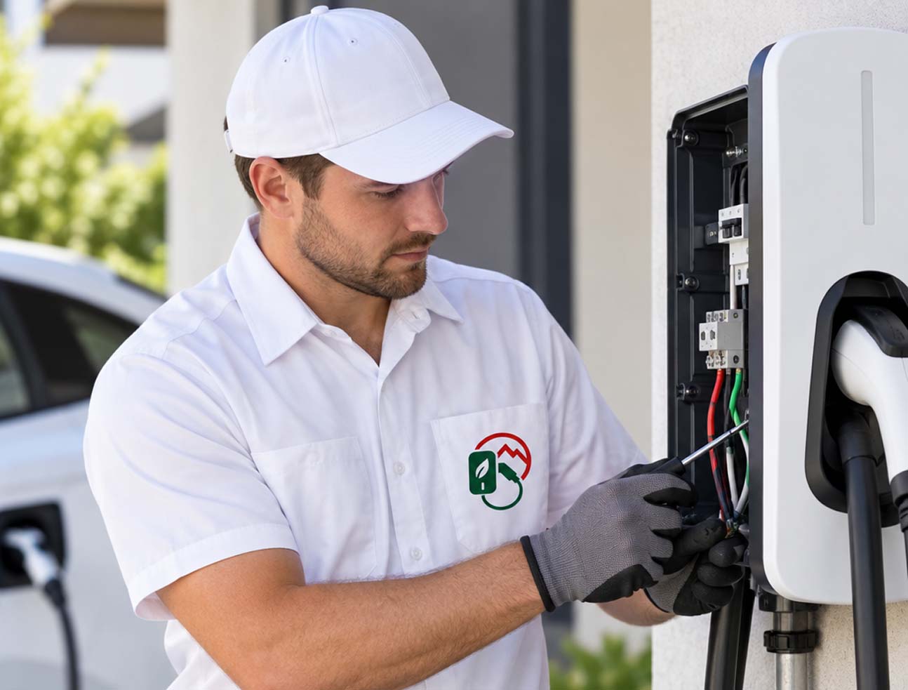 An electrician working at an open residential electrical panel
