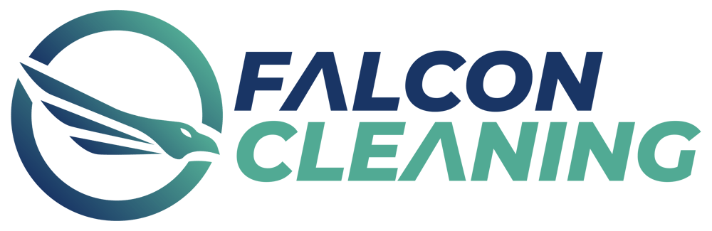 Logo mit weißem Falkenkopf und Flügel in einem blaugrünen Kreis, daneben der Text "Falcon Cleaning".