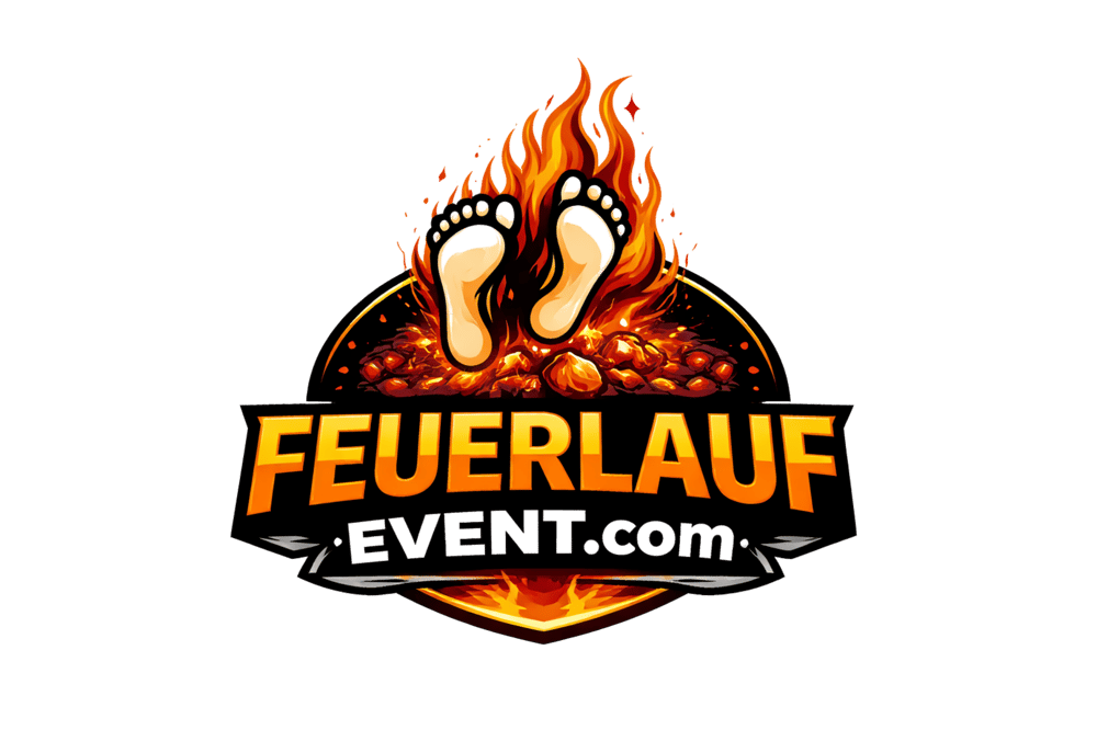 Logo: Barfuß-Füße über glühenden Kohlen, Flammen, darunter "FEUERLAUF EVENT.com" in Gold und Schwarz.