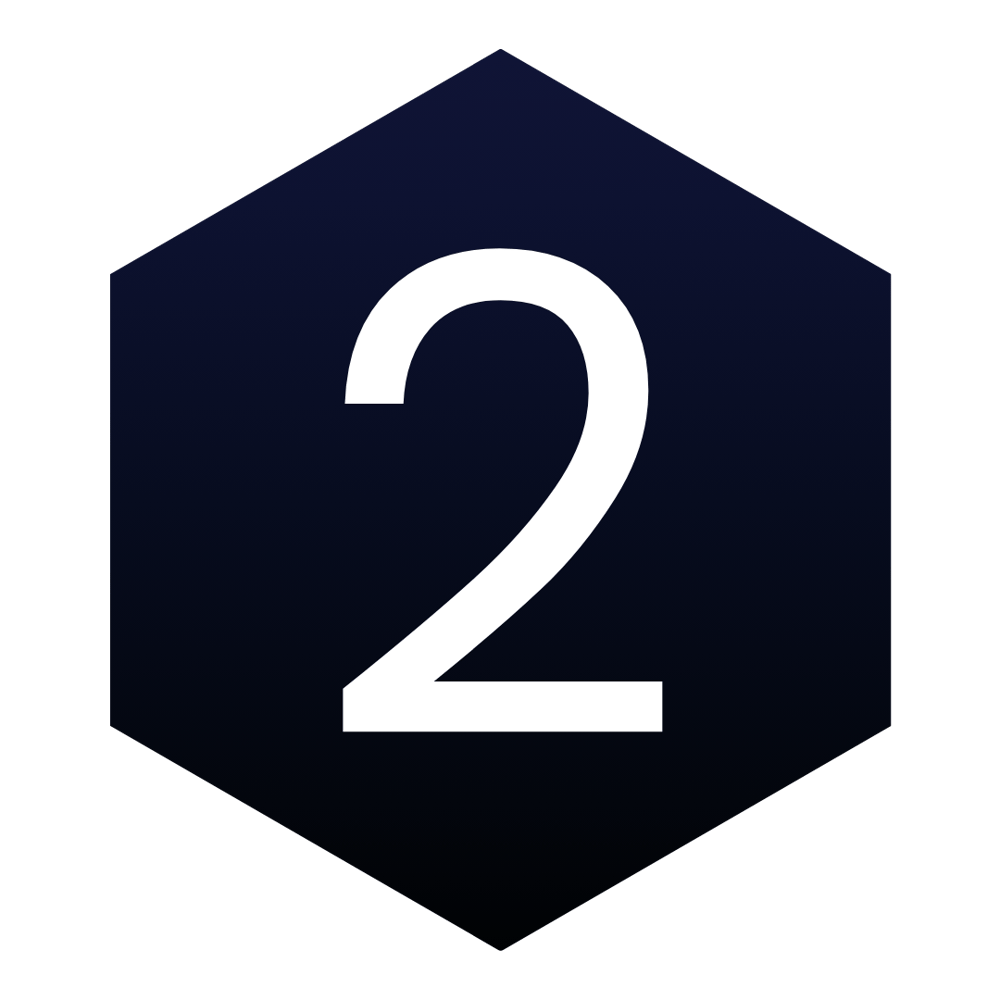 Weiße Zahl 2 auf einem dunkelblauen Hexagon.