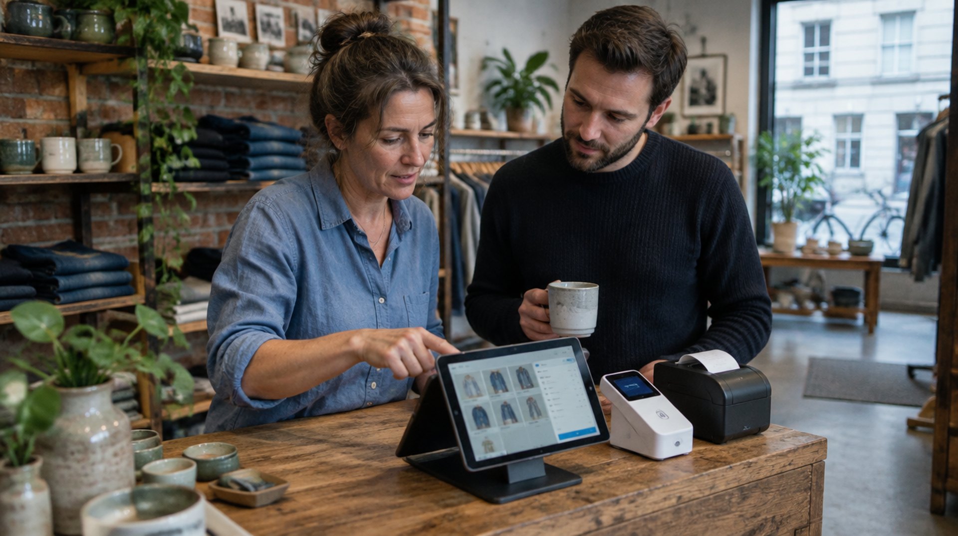 Ladeninhaberin und Shopify Freelancer an der Theke eines Berliner Ladens, vor ihnen ein iPad mit Shopify POS, ein Kartenterminal und ein Bondrucker