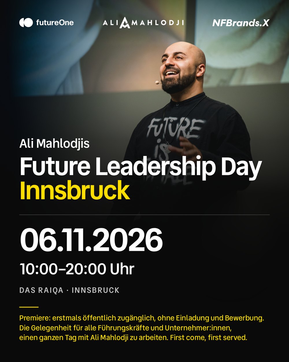 Key Visual im Hochformat: Ali Mahlodji auf der Bühne, darunter Ali Mahlodjis Future Leadership Day Innsbruck, 06.11.2026, 10:00–20:00 Uhr, DAS RAIQA Innsbruck