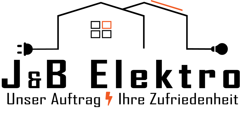 J&B Elektro Logo: Schwarze Umrisse von zwei Häusern mit Stromkabeln, Text "Unser Auftrag Ihre Zufriedenheit".