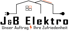 J&B Elektro Logo: Schwarze Umrisse von zwei Häusern, ein Stecker und eine Glühbirne sind durch eine orangefarbene Linie verbunden.