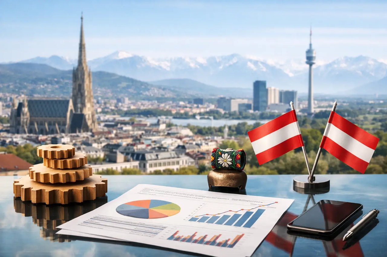 Zahnräder, Diagramme und Österreich-Fahnen auf einem Schreibtisch vor der Wiener Skyline mit Stephansdom und Donauturm.