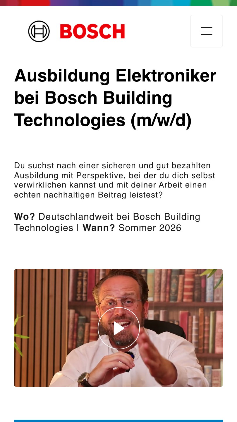Die Landingpage für die Ausbildung zum Elektroniker bei Bosch Building Technologies