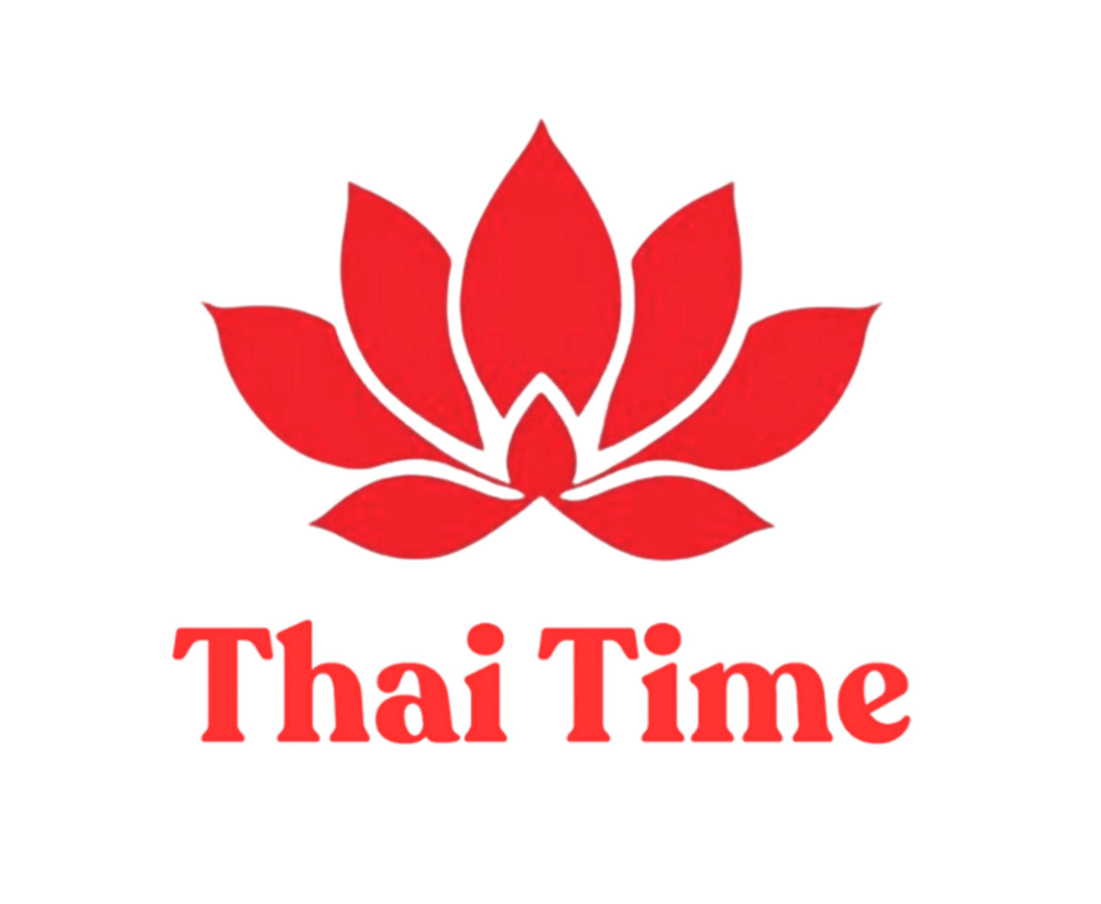 Rotes Lotusblumen-Logo mit zwei Personen, die eine Massage erhalten, darunter der Text "THAI TIME".