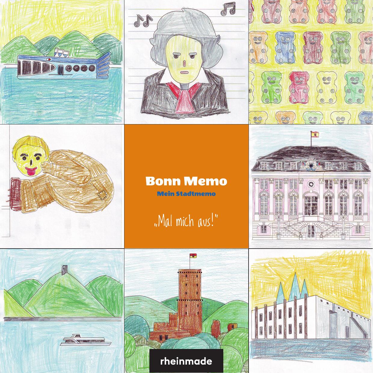 Von Kindern ausgemalte Bonn-Memo-Motive: Moby Dick, Beethoven, Gummibärchen, Bröckemännche, Altes Rathaus, Drachenfels, Godesburg, Bundeskunsthalle