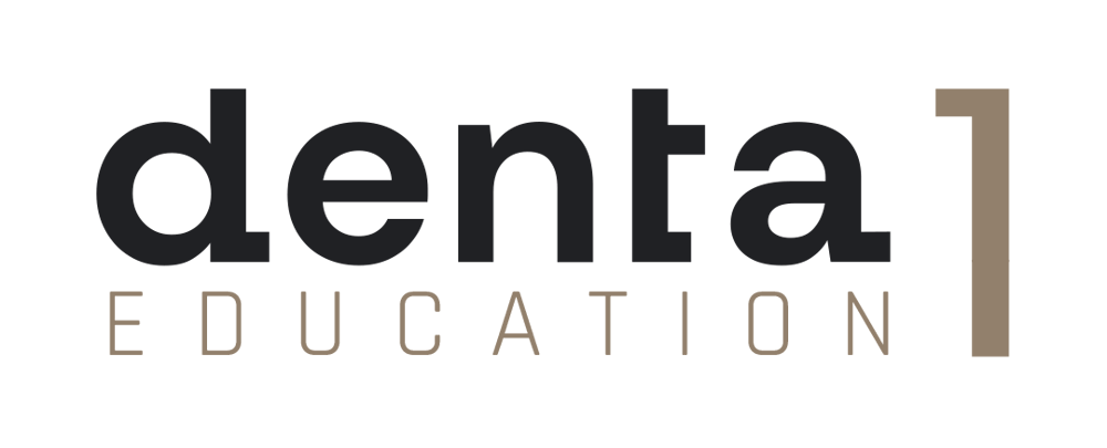 Schwarzer Text "denta", gefolgt von einer braunen "1", darunter brauner Text "EDUCATION" auf dunkelgrünem Hintergrund.