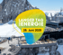 Gebäude und Menschen auf einem schneebedeckten Berggipfel, Text "Langer Tag der Energie, 28. Juni 2025"