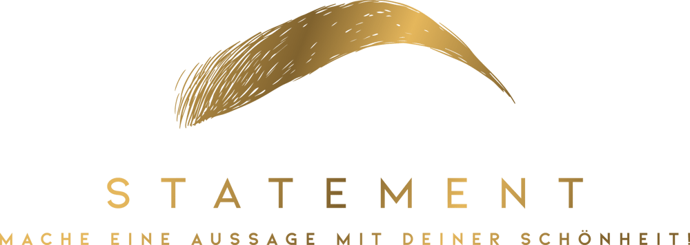 Goldene Pinselstrichform über dem Wort "STATEMENT" und dem Satz "MACHE EINE AUSSAGE MIT DEINER SCHÖNHEIT".