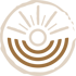 Braunes Kreislogo mit stilisiertem Sonnenmotiv, Strahlen oben und konzentrischen Bögen unten.