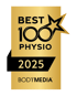 Goldenes Siegel Best 100 Physio 2025 von BodyMedia mit einem Stern-Symbol.