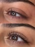 Ein weibliches Auge mit kurzen Wimpern und dasselbe Auge mit gelifteten, längeren Wimpern.