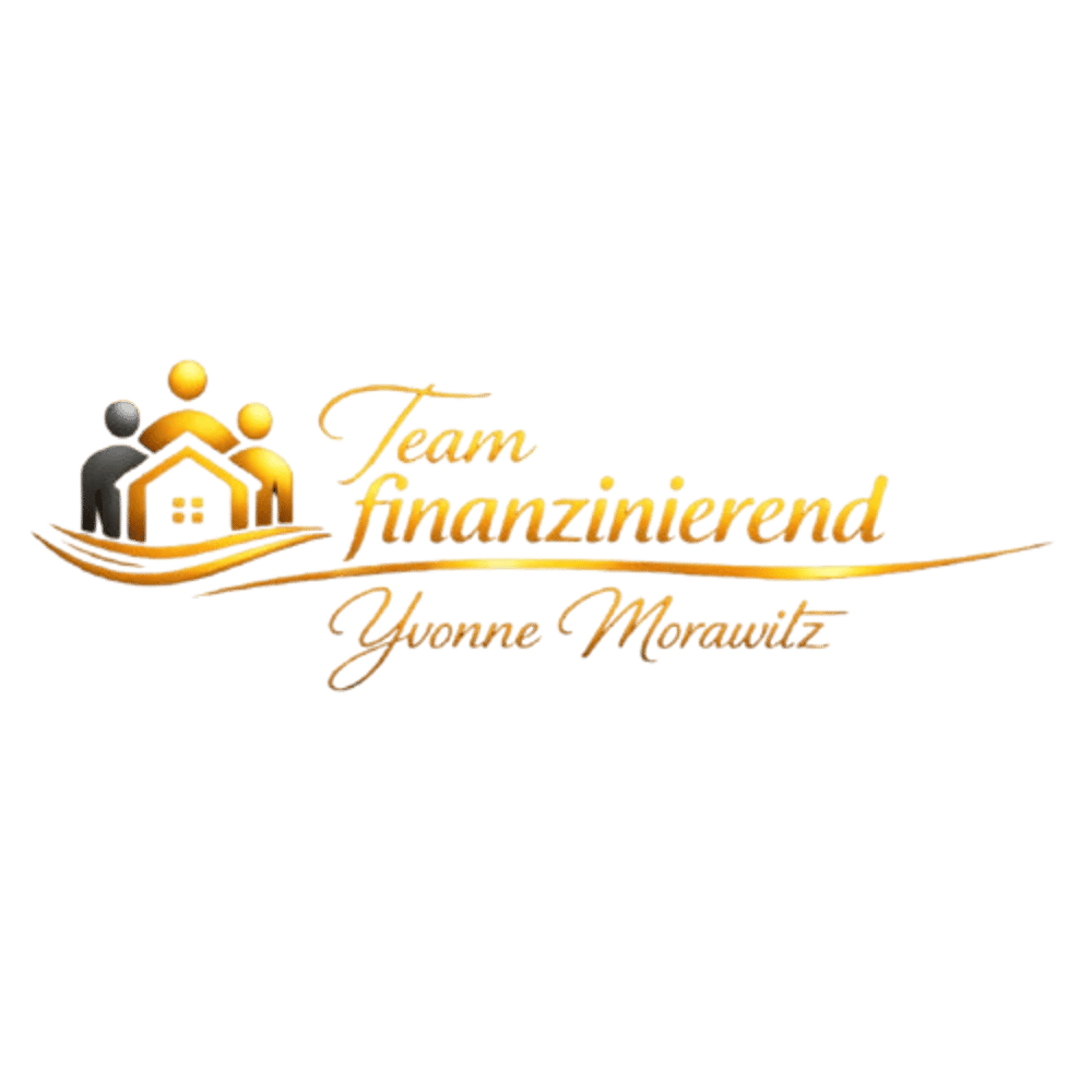 Logo von Team finanzierend Yvonne Morawitz mit goldenem Haus-Symbol und drei Personen-Silhouetten auf schwarzem Grund.