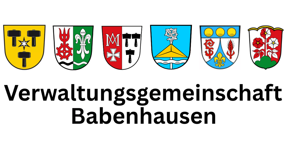 Wappen der Verwaltungsgemeinschaft Babenhausen mit sechs Gemeindewappen.