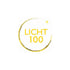 Logo von LICHT100: gelber Schriftzug und kreisförmiger Lichtbogen mit Stern