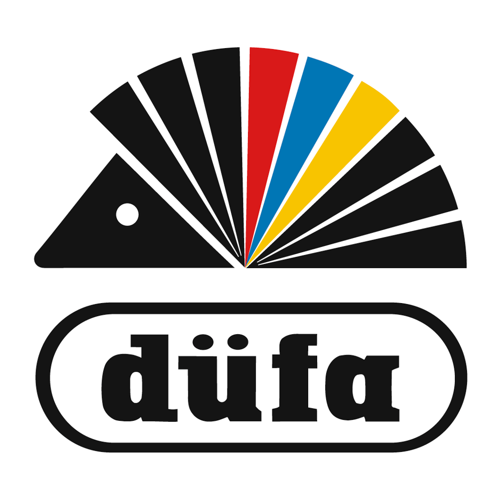Schwarzer Igel mit bunten Stacheln über dem Schriftzug "düfa" in einer ovalen Umrandung.
