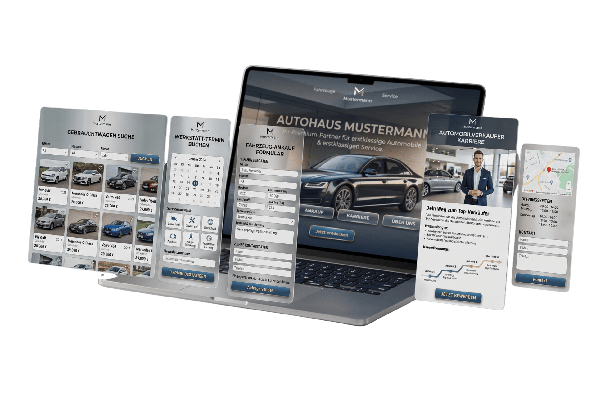 Mehrere Unterseiten der Autohaus-Website gleichzeitig geöffnet