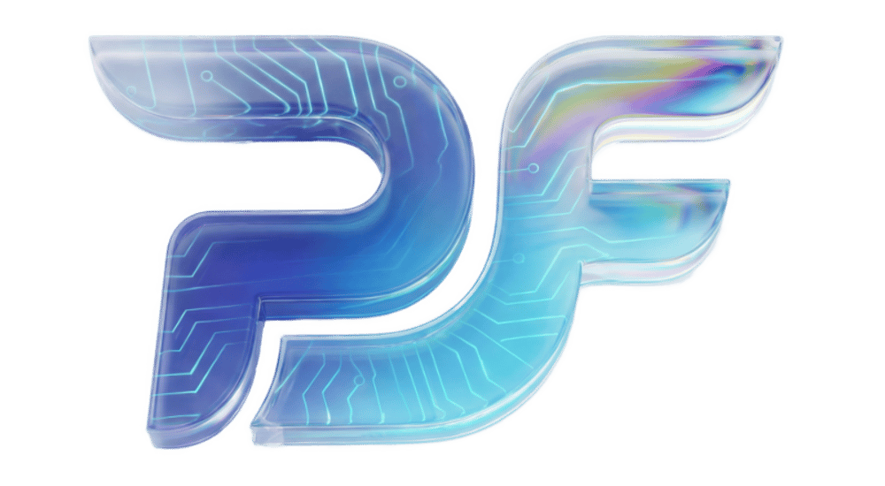 Futuristisches Logo der Firma Pro Flow. Es stellt ein geschweiftes P und F dar, welche ineinander übergehen. Das Logo hat einen Blauton