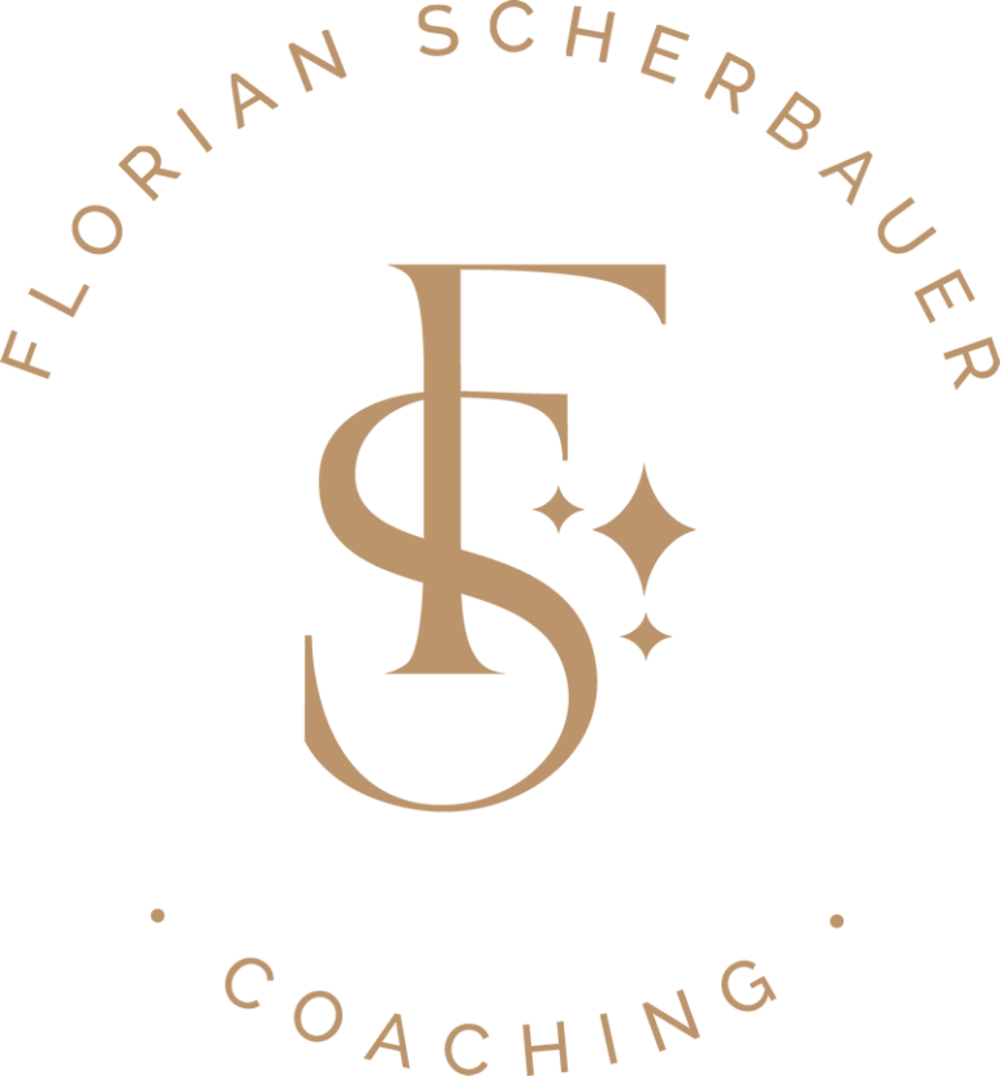 Logo: Florian Scherbauer Coaching, mit verschlungenen Initialen FS und drei Sternen in Braun auf Grün.