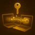 Zwei Laptops tauschen Daten über eine goldene Schlüssel- und Schlossverbindung aus, die Sicherheit symbolisiert.