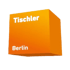 Orangefarbener 3D-Würfel mit der Aufschrift „Tischler“ oben und „Berlin“ unten.