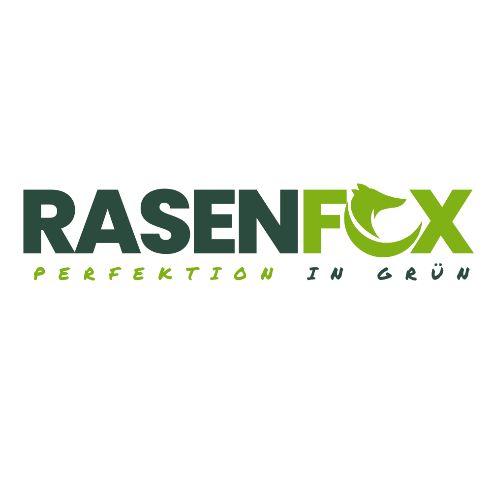 RasenFox Logo auf dunkelgrünem Hintergrund, "RASENFOX" in Großbuchstaben, "FOX" und Fuchs-Symbol grün, "PERFEKTION IN GRÜN" darunter.