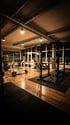 Ein leeres Fitnessstudio mit Holzboden, Trainingsgeräten, großen Fenstern und freiliegenden Lüftungsrohren an der Decke.
